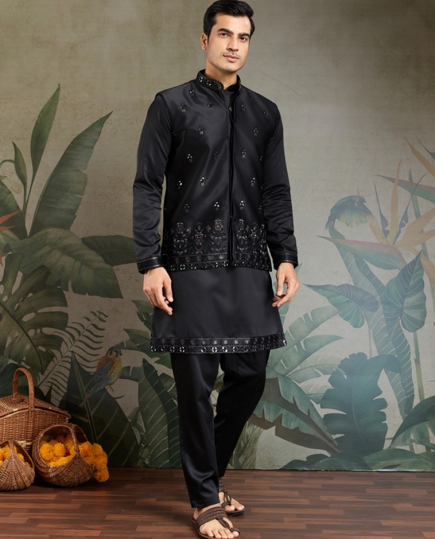 61101-black - Elegant Black Embellished Kurta Set for Men